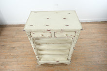 Load image into Gallery viewer, Distressed Painted Wine Rack Cabinet with Drawers and Metal Scroll Sides