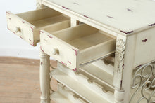 Load image into Gallery viewer, Distressed Painted Wine Rack Cabinet with Drawers and Metal Scroll Sides