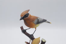 Load image into Gallery viewer, Cedar Waxwing Bird Figurine Perched on Branch Realistic Wildlife Sculpture