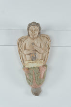 Load image into Gallery viewer, Antique Hand-Carved Wooden Angel Wall Sconce – Polychrome Painted Folk Art Cherub Bracket, 16” Tall