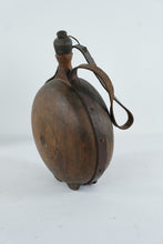 Load image into Gallery viewer, Antique European Wooden Pilgrim Flask with Leather Straps – Continental Canteen – 15" Tall