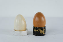 Load image into Gallery viewer, Pair Decorative Wooden Eggs with Stands Turned Wood Egg Sculptures