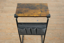 Load image into Gallery viewer, Industrial Metal and Wood C Table with Magazine Holder, 17 Inch