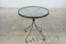 Load image into Gallery viewer, Round Wrought Iron Style Bistro Table Textured Glass Top Scroll Legs 29 Inch