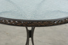 Load image into Gallery viewer, Round Wrought Iron Style Bistro Table Textured Glass Top Scroll Legs 29 Inch