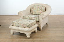 Load image into Gallery viewer, Cream Woven Wicker Lounge Chair & Matching Ottoman – Tropical Upholstery, Coastal Cottage Style