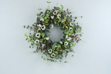 Load image into Gallery viewer, Artificial Eucalyptus Floral Wreath White Flowers Pink Berries 28 Inch Spring Decor