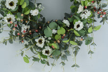 Load image into Gallery viewer, Artificial Eucalyptus Floral Wreath White Flowers Pink Berries 28 Inch Spring Decor