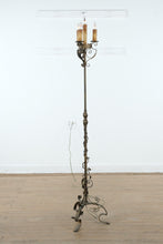 Load image into Gallery viewer, Wrought Iron Candelabra Floor Lamp – Three-Light Gothic Revival Torchère with Scrollwork Base