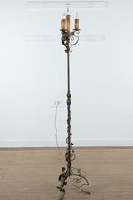 Load image into Gallery viewer, Wrought Iron Candelabra Floor Lamp – Three-Light Gothic Revival Torchère with Scrollwork Base