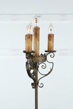Load image into Gallery viewer, Wrought Iron Candelabra Floor Lamp – Three-Light Gothic Revival Torchère with Scrollwork Base