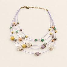 Load image into Gallery viewer, Multi Strand Pastel Beaded Necklace Lavender Cord Crochet Beads Gold Tone