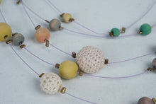 Load image into Gallery viewer, Multi Strand Pastel Beaded Necklace Lavender Cord Crochet Beads Gold Tone
