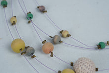 Load image into Gallery viewer, Multi Strand Pastel Beaded Necklace Lavender Cord Crochet Beads Gold Tone