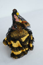 Load image into Gallery viewer, Spanish Flamenco Dancer Doll 10” Tall Yellow & Black Lace Ruffled Dress w/ Fan – Souvenir Figure