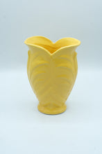 Load image into Gallery viewer, Vintage Yellow Art Pottery Vase Leaf Relief 9 Inch Flared Rim
