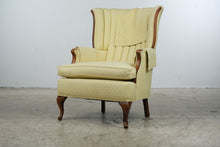 Load image into Gallery viewer, Vintage Traditional Wingback Lounge Chair Yellow Upholstery Carved Wood 39 Inch
