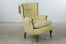 Load image into Gallery viewer, Vintage Traditional Wingback Lounge Chair Yellow Upholstery Carved Wood 39 Inch