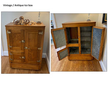 Load image into Gallery viewer, Antique Oak Ice Box Four Door Zinc Lined Refrigerator Original Hardware