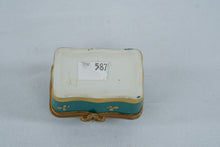 Load image into Gallery viewer, Turquoise Porcelain Hinged Trinket Box Courting Couple Floral Gold Gilt