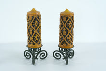 Load image into Gallery viewer, Mid-Century European-Style Sculpted Wax Candles on Japanese Cast Iron Holders – Vintage Pair (13.5")