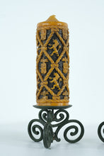 Load image into Gallery viewer, Mid-Century European-Style Sculpted Wax Candles on Japanese Cast Iron Holders – Vintage Pair (13.5")