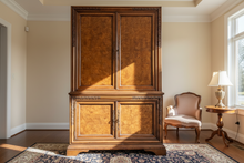 Load image into Gallery viewer, Traditional Burl Wood Two-Piece Cabinet with Carved Detailing & Interior Drawers
