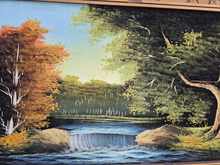 Load image into Gallery viewer, Vintage Mid-Century Velvet Painting – Waterfall Landscape with Hand-Carved Wood Frame