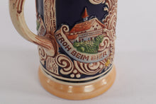 Load image into Gallery viewer, Vintage German Beer Stein – “Froh Beim Bier” / Landsknecht Tavern Scene, 7" Ceramic with Pewter Lid