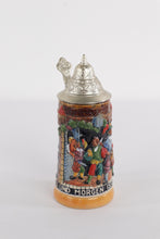 Load image into Gallery viewer, Vintage German Beer Stein – “Froh Beim Bier” / Landsknecht Tavern Scene, 7" Ceramic with Pewter Lid