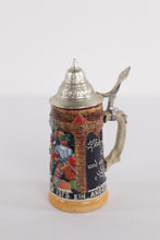 Load image into Gallery viewer, Vintage German Beer Stein – “Froh Beim Bier” / Landsknecht Tavern Scene, 7" Ceramic with Pewter Lid
