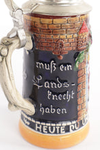 Load image into Gallery viewer, Vintage German Beer Stein – “Froh Beim Bier” / Landsknecht Tavern Scene, 7" Ceramic with Pewter Lid