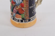 Load image into Gallery viewer, Vintage German Beer Stein – “Froh Beim Bier” / Landsknecht Tavern Scene, 7" Ceramic with Pewter Lid