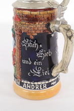 Load image into Gallery viewer, Vintage German Beer Stein – “Froh Beim Bier” / Landsknecht Tavern Scene, 7" Ceramic with Pewter Lid