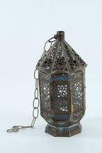 Load image into Gallery viewer, Moroccan-Style Hanging Lantern with Stained Glass Panels – 13" Tall