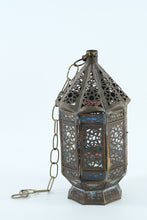 Load image into Gallery viewer, Moroccan-Style Hanging Lantern with Stained Glass Panels – 13" Tall
