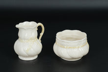 Load image into Gallery viewer, Belleek Ireland Creamer & Sugar Bowl Set – Bow Embossed – Ivory with Pale Yellow Handle