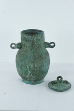 Load image into Gallery viewer, Antique Chinese Bronze Vessel with Lid – Archaic Style Hu Jar with Taotie Motifs (16” Tall)