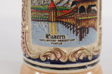Load image into Gallery viewer, Vintage German-Style Souvenir Beer Stein – Luzern Kapellbrücke & Pilatus, 7" Ceramic with Pewter Lid
