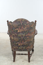 Load image into Gallery viewer, Mayhew Antique Carved Oak Wingback Armchair with Tapestry Upholstery and Casters