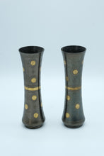 Load image into Gallery viewer, Pair of Etched Metal Bud Vases with Brass Inlay – Decorative Mid-Century Style
