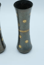 Load image into Gallery viewer, Pair of Etched Metal Bud Vases with Brass Inlay – Decorative Mid-Century Style
