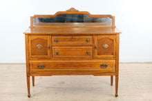Load image into Gallery viewer, Antique Oak Sideboard Buffet with Mirror Backsplash and Beaded Trim