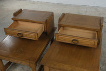 Load image into Gallery viewer, Pair of Vintage Oak Step End Tables with Drawers and Brass Ring Pulls
