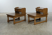 Load image into Gallery viewer, Pair of Vintage Oak Step End Tables with Drawers and Brass Ring Pulls