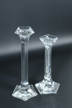 Load image into Gallery viewer, Pair of Faceted Crystal Candlestick Holders – Tall & Elegant Pedestal Design