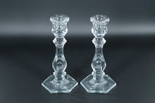 Load image into Gallery viewer, Pair of Etched Crystal Candle Holders – Vintage Starburst & Vine Motif, Hexagonal Base