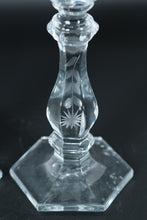 Load image into Gallery viewer, Pair of Etched Crystal Candle Holders – Vintage Starburst & Vine Motif, Hexagonal Base
