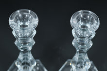Load image into Gallery viewer, Pair of Etched Crystal Candle Holders – Vintage Starburst & Vine Motif, Hexagonal Base