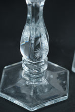 Load image into Gallery viewer, Pair of Etched Crystal Candle Holders – Vintage Starburst & Vine Motif, Hexagonal Base